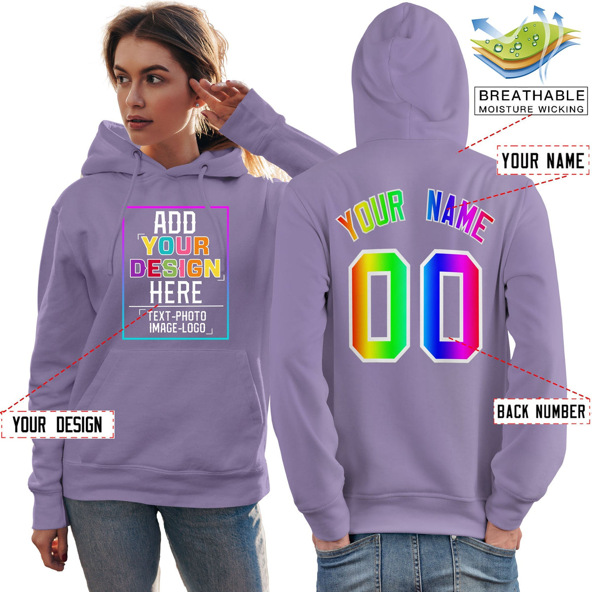 Custom Purple Personalized Rainbow Color Font Team Pullover Sweatshirt Hoodie