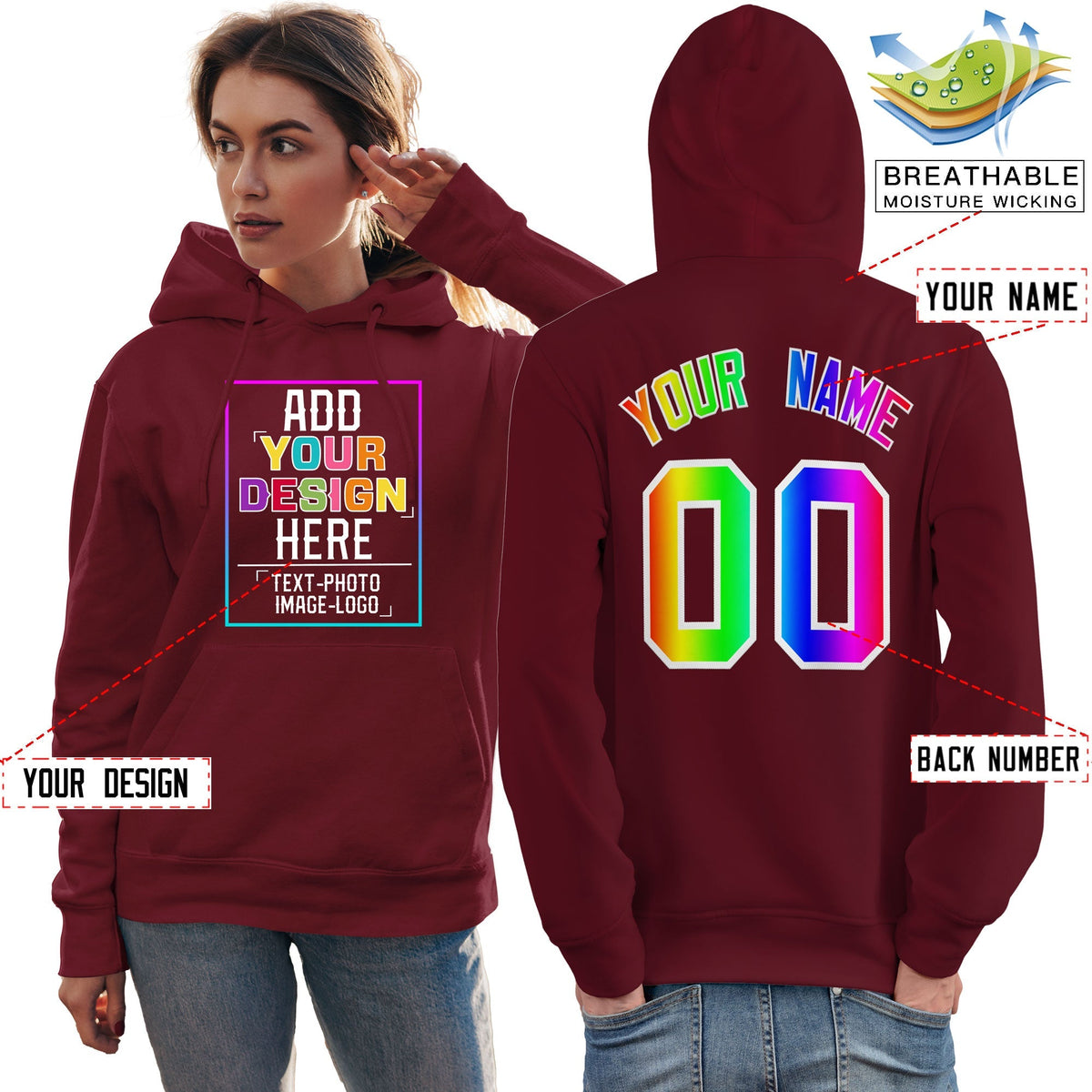 Custom Crimson Personalized Rainbow Color Font Team Pullover Sweatshirt Hoodie