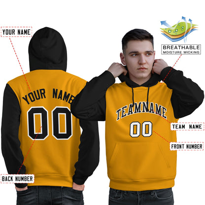 Custom Gold Black-White Raglan Sleeves Pullover Personalized Sweatshirt Hoodie