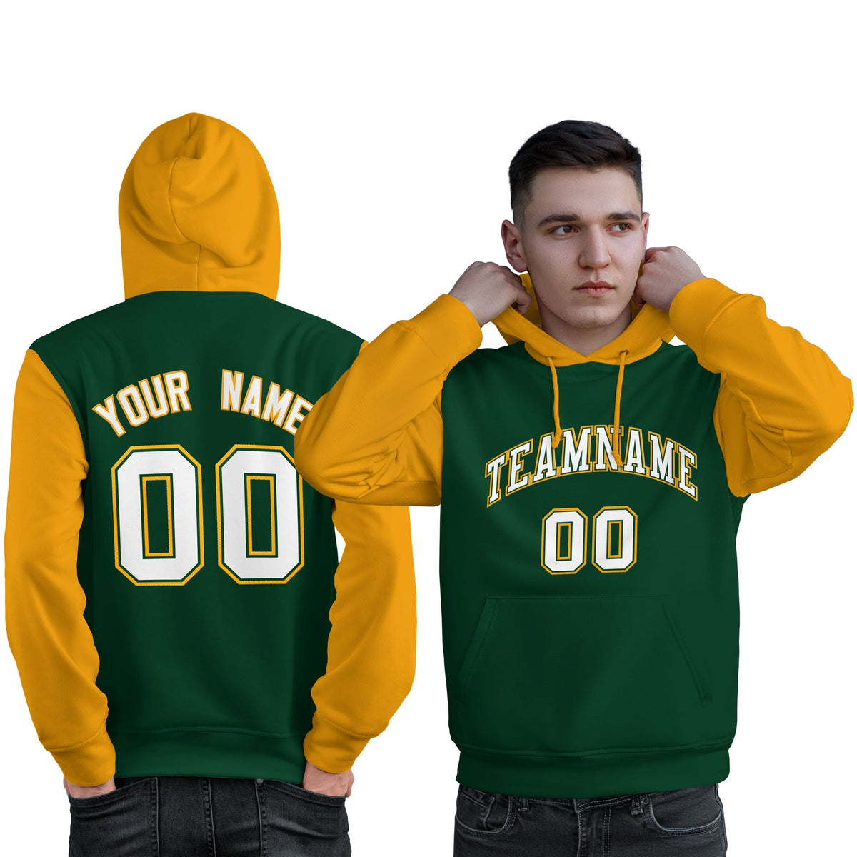Custom Green White-Gold Raglan Sleeves Pullover Personalized Sweatshirt Hoodie