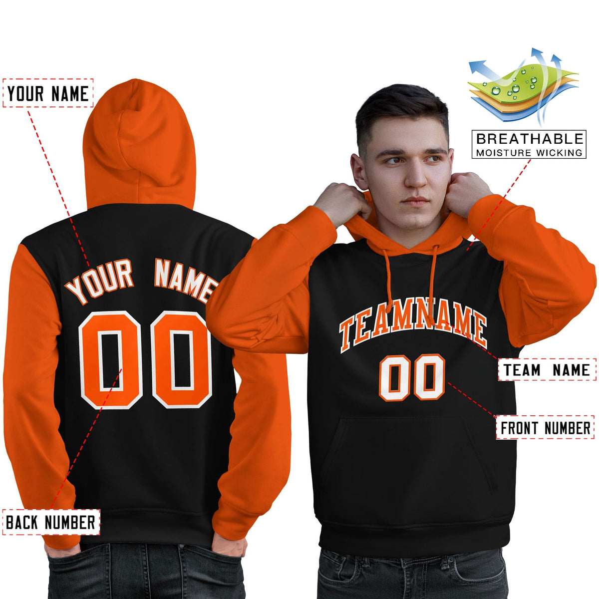 Custom Black Orange-White Raglan Sleeves Pullover Personalized Sweatshirt Hoodie