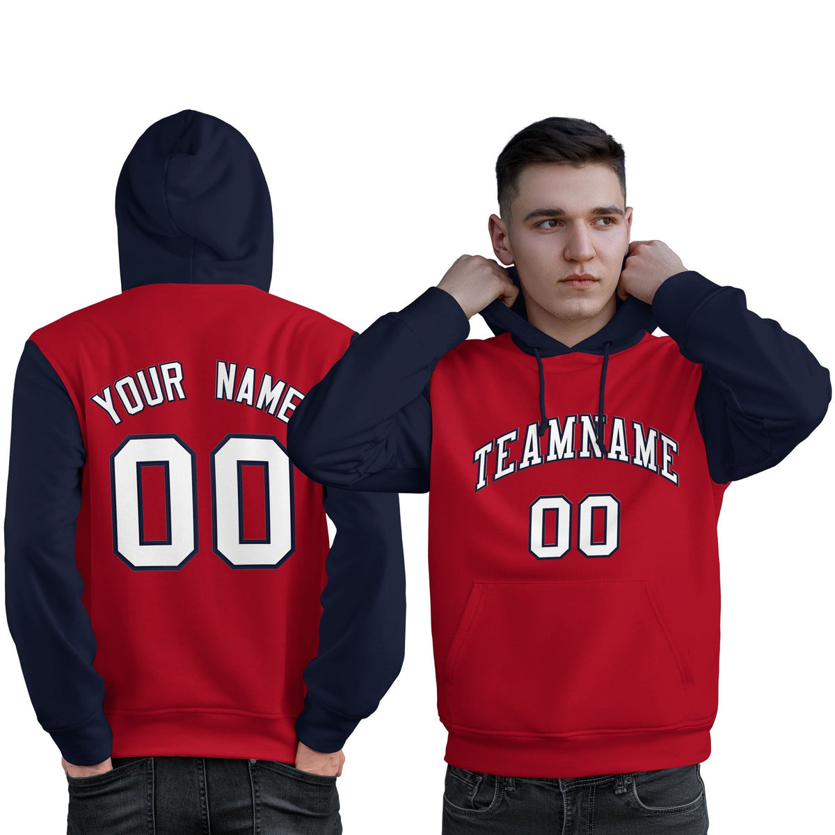 Custom Red White-Navy Raglan Sleeves Pullover Personalized Sweatshirt Hoodie
