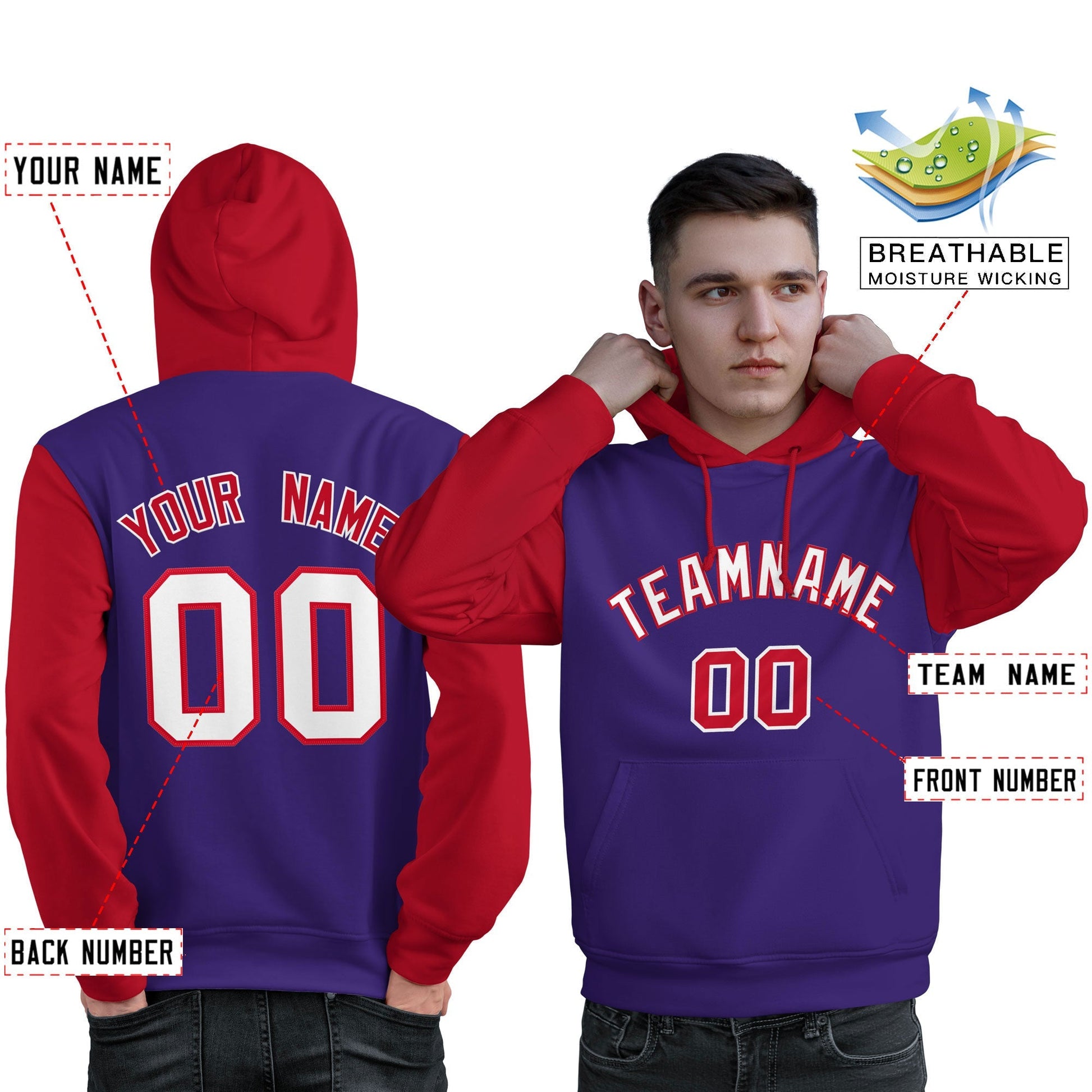 Custom Purple White-Red Raglan Sleeves Pullover Personalized Sweatshirt Hoodie