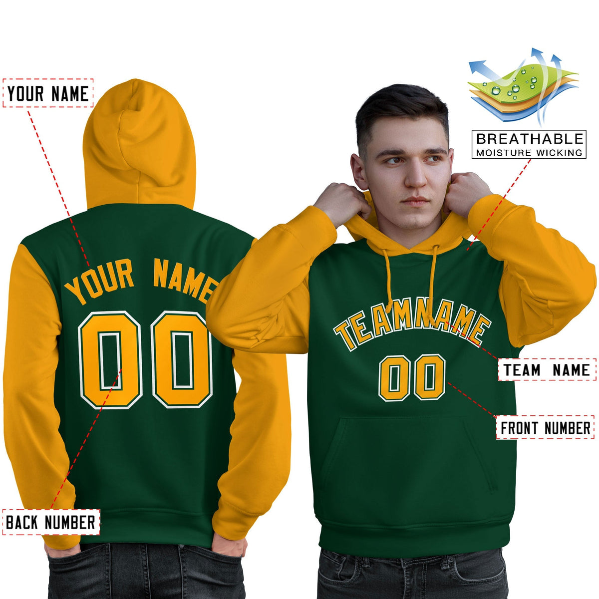 Custom Green Gold-White Raglan Sleeves Pullover Personalized Sweatshirt Hoodie