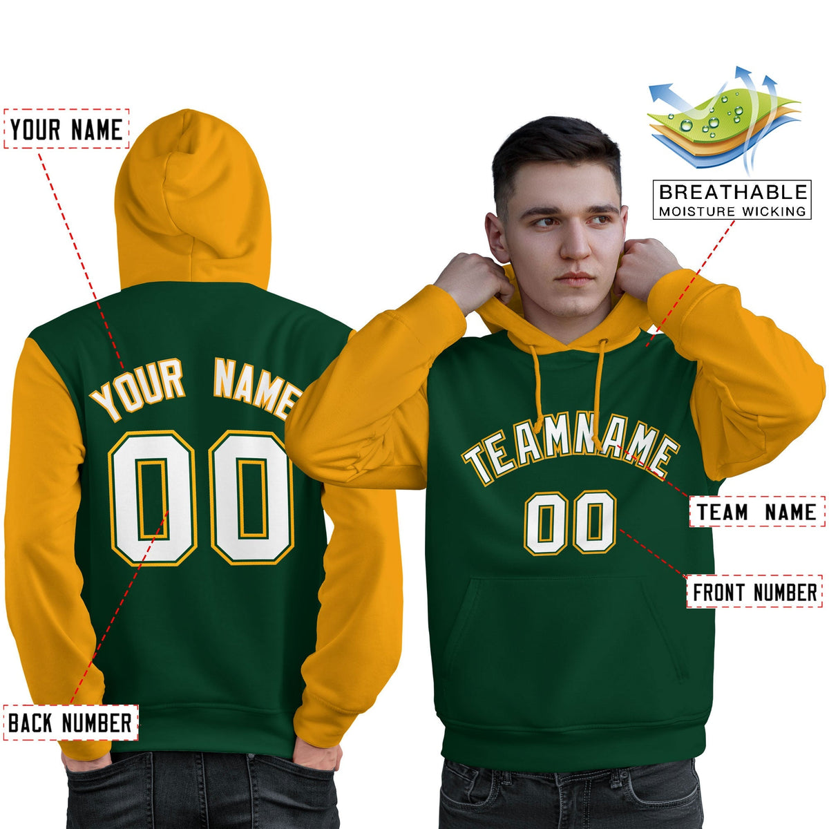 Custom Green White-Gold Raglan Sleeves Pullover Personalized Sweatshirt Hoodie
