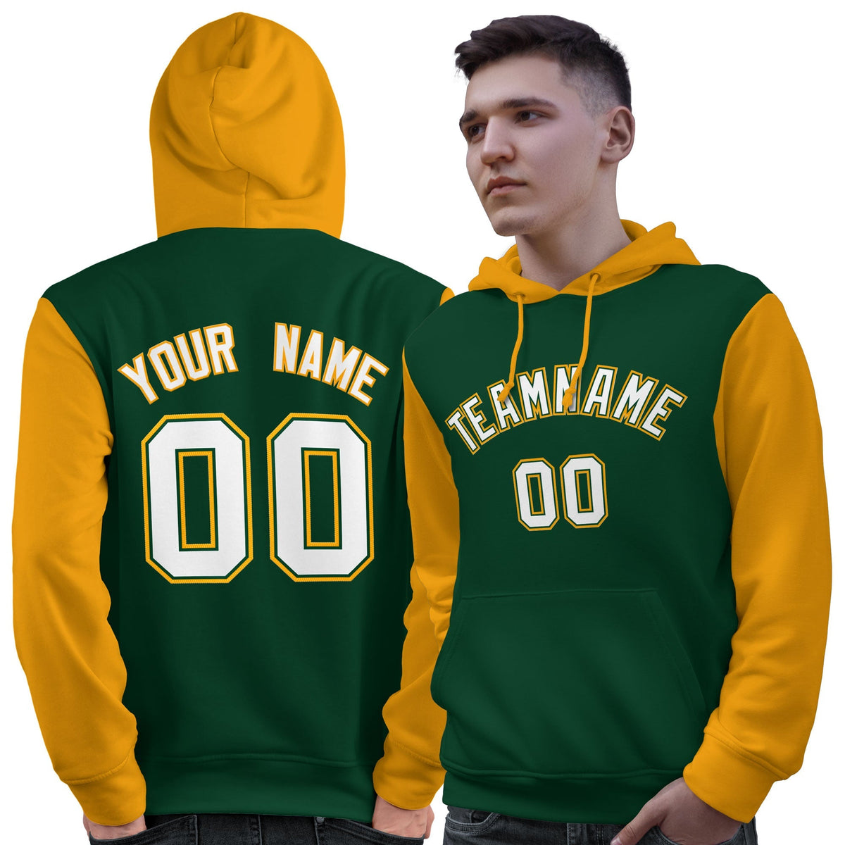 Custom Green White-Gold Raglan Sleeves Pullover Personalized Sweatshirt Hoodie