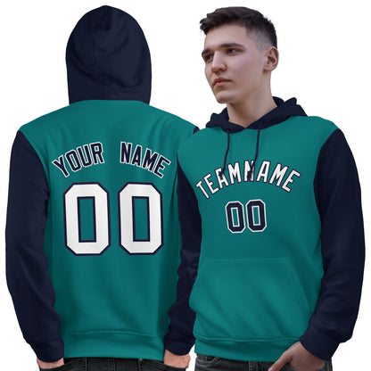 Custom Aqua White-Navy Raglan Sleeves Pullover Personalized Sweatshirt Hoodie