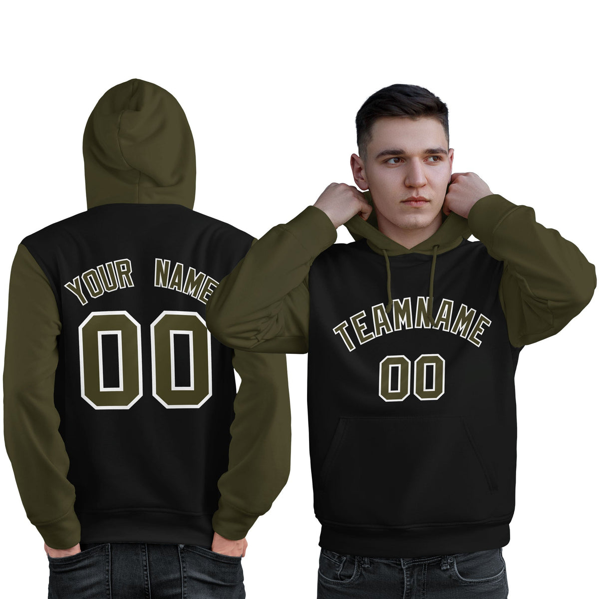 Custom Black Olive-White Raglan Sleeves Pullover Personalized Sweatshirt Hoodie