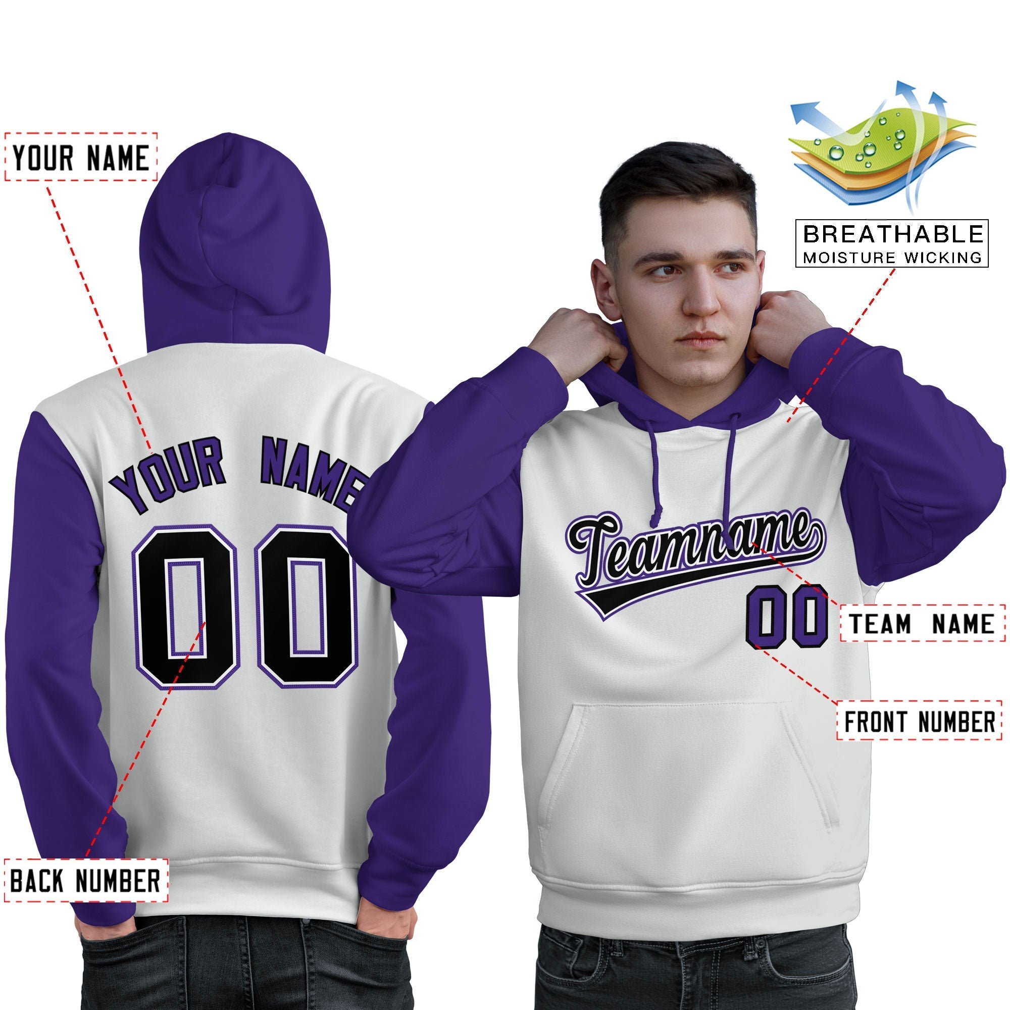 Custom White Black-Purple Raglan Sleeves Pullover Personalized Sweatshirt Hoodie