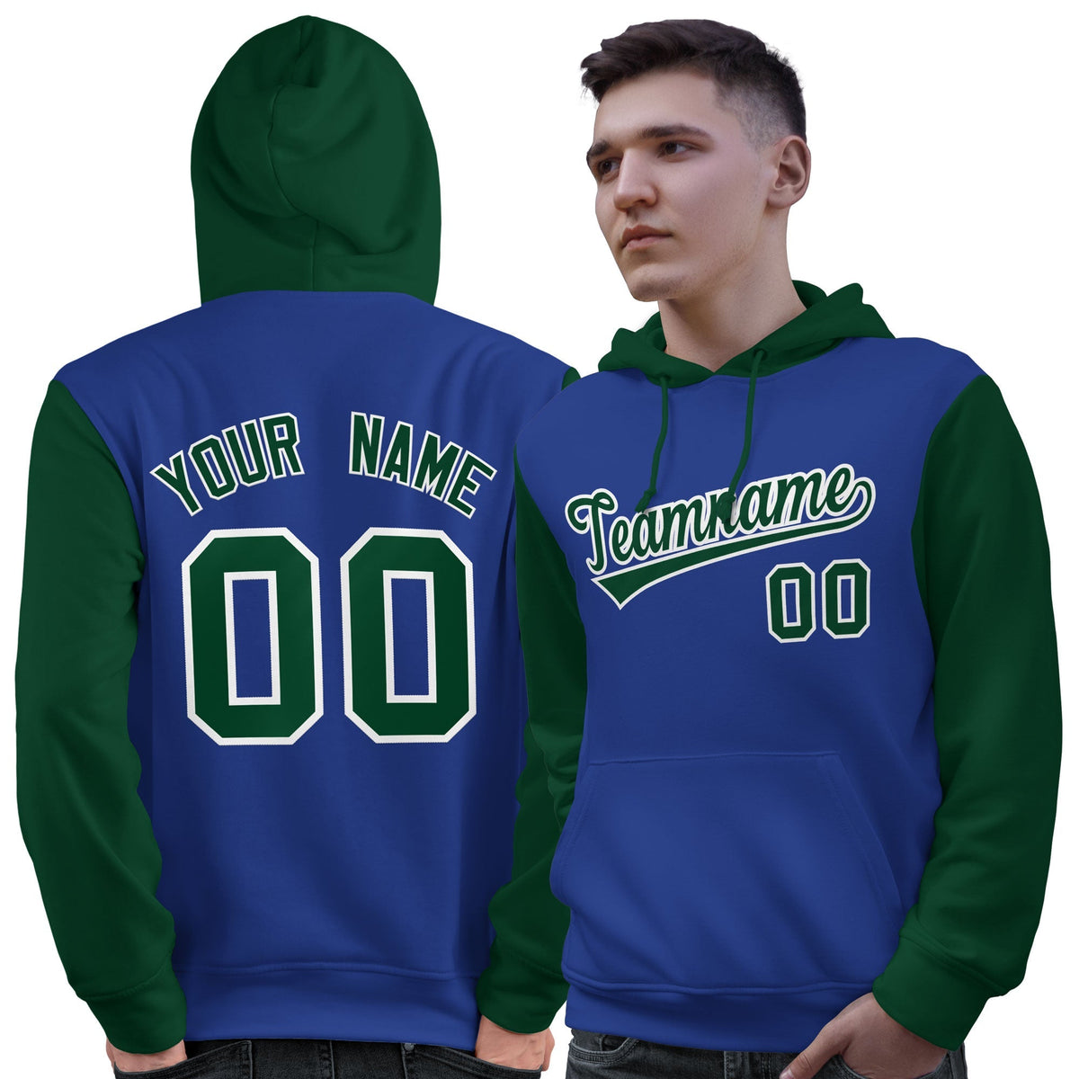 Custom Royal Green-White Raglan Sleeves Pullover Personalized Sweatshirt Hoodie