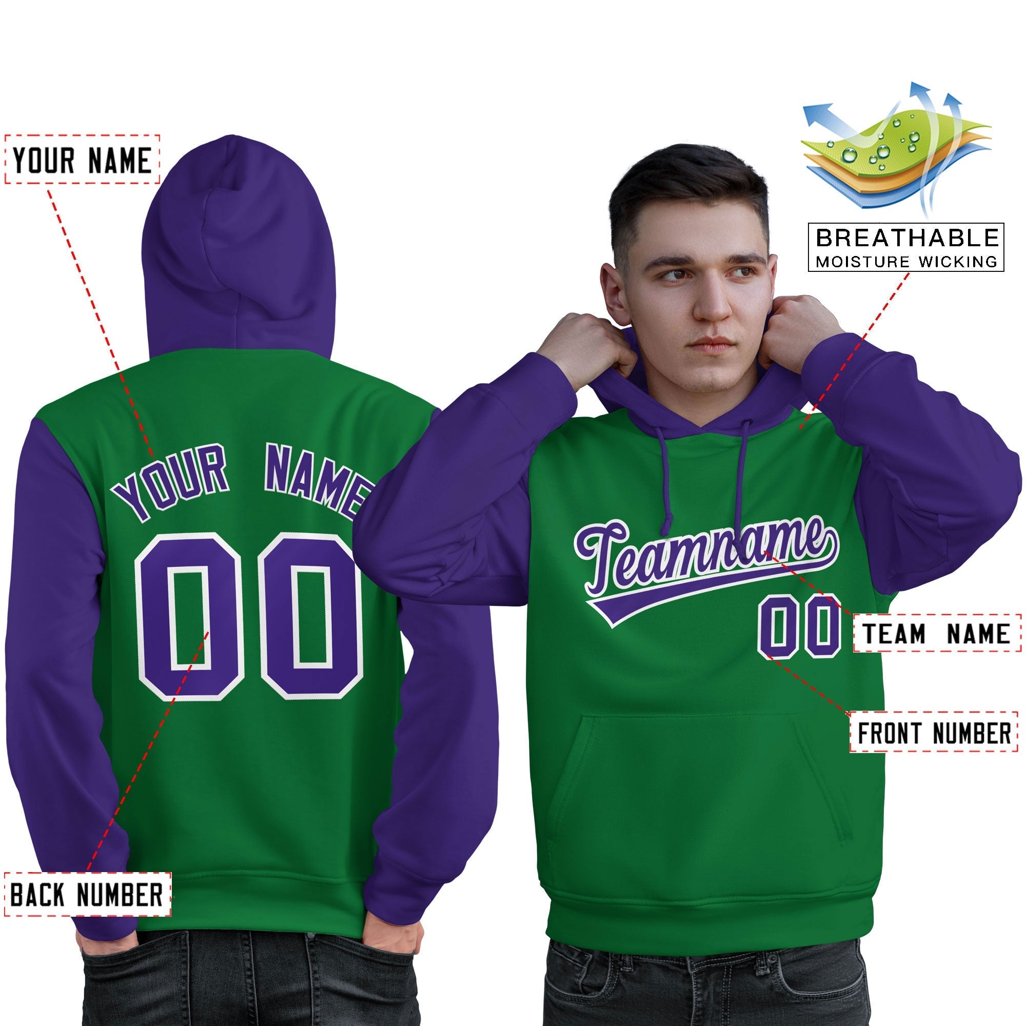 Custom Kelly Green Purple-White Raglan Sleeves Pullover Personalized Sweatshirt Hoodie