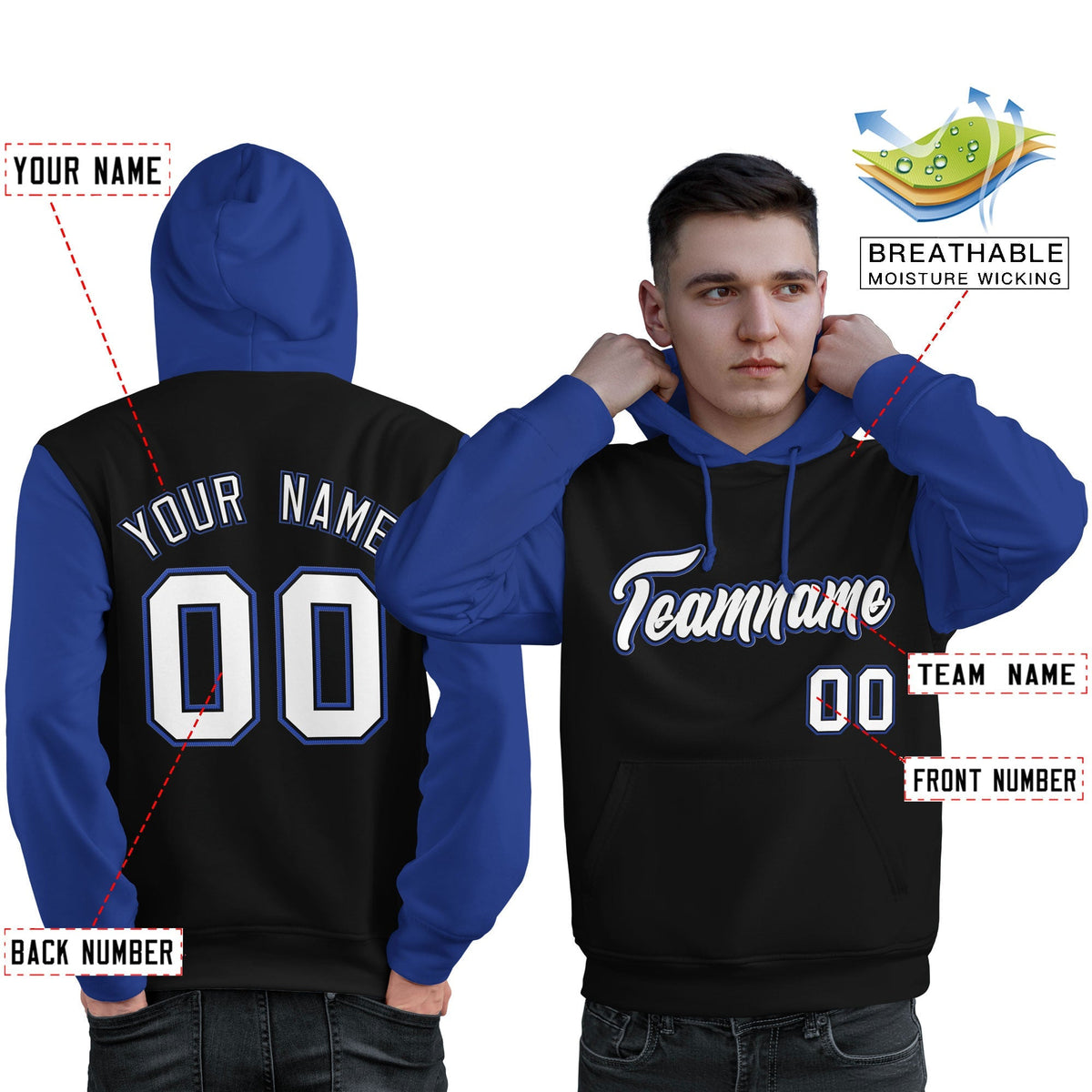 Custom Black White-Royal Raglan Sleeves Pullover Personalized Sweatshirt Hoodie