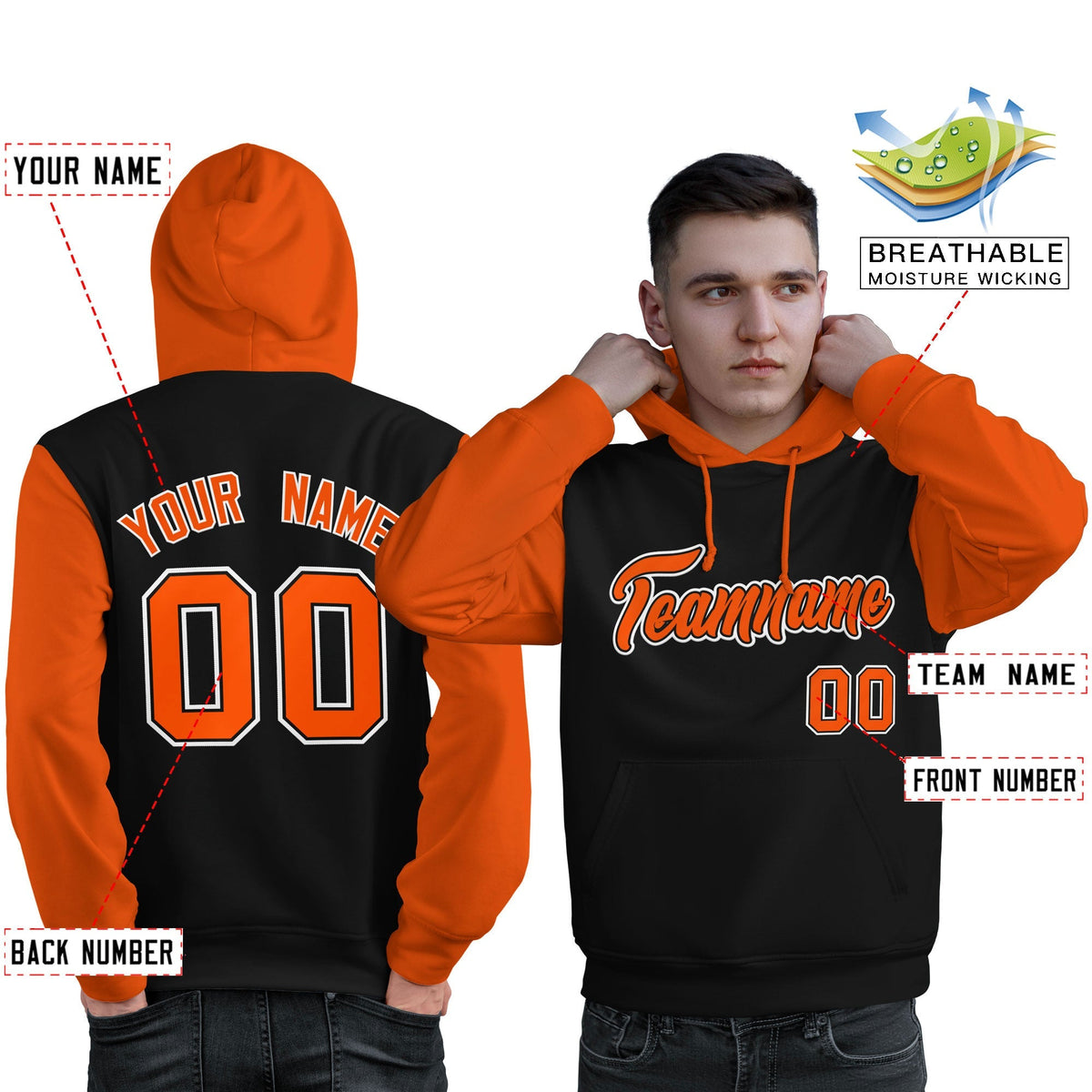 Custom Black Orange-White Raglan Sleeves Pullover Personalized Sweatshirt Hoodie