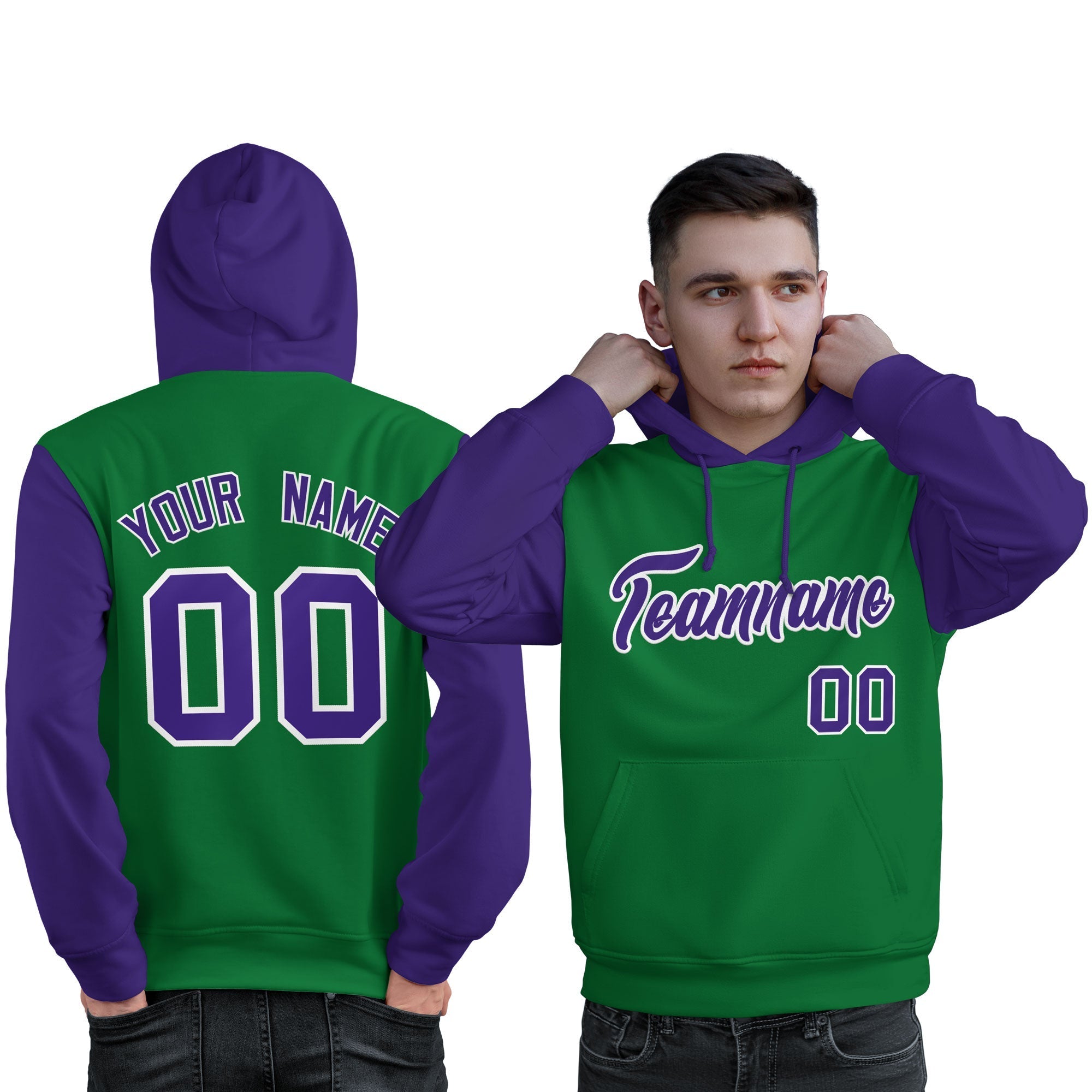 Custom Kelly Green Purple-White Raglan Sleeves Pullover Personalized Sweatshirt Hoodie