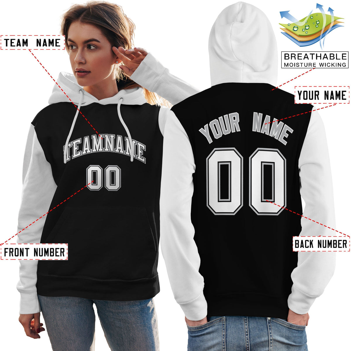 Custom Black White-Gray Raglan Sleeves Pullover Personalized Team Sweatshirt Hoodie