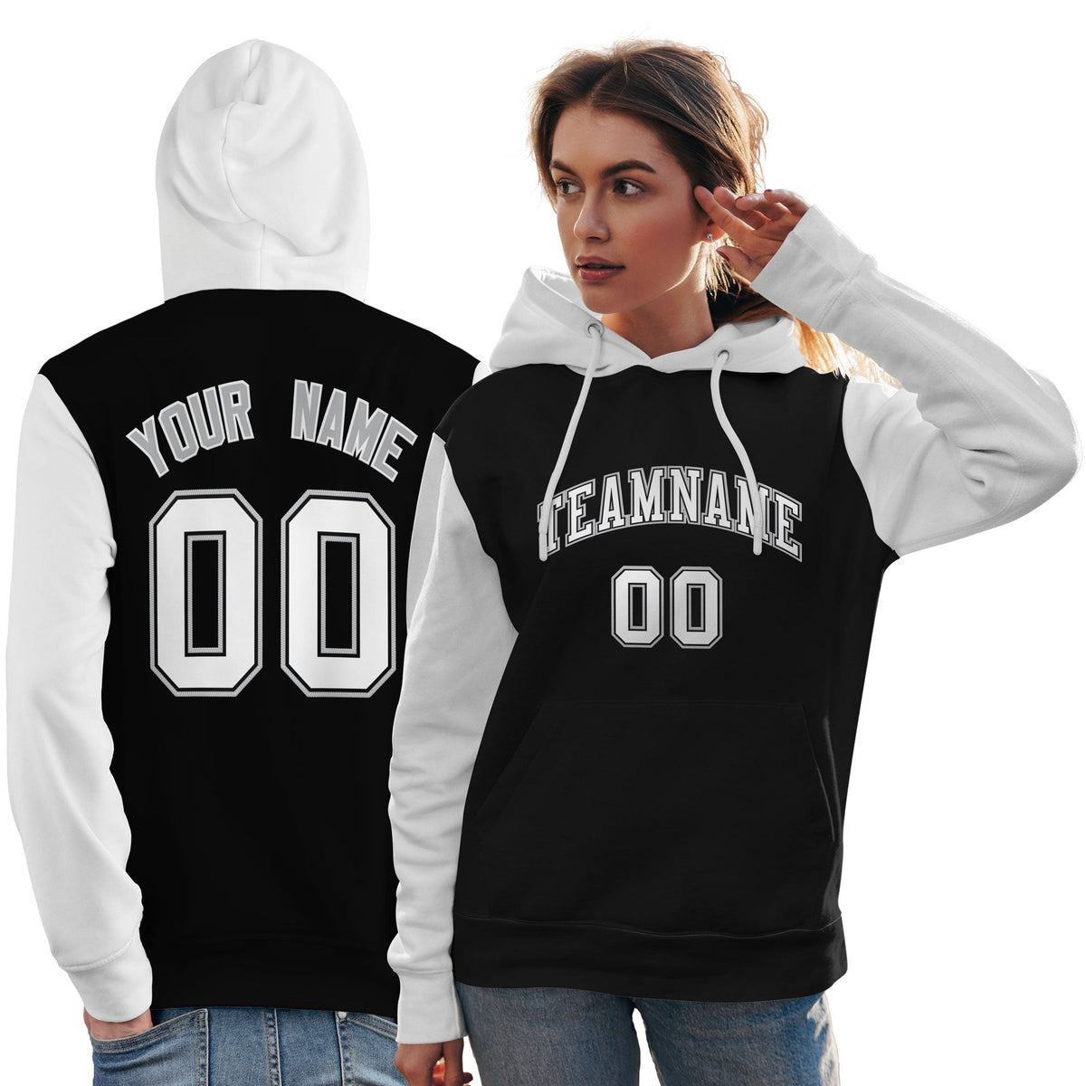 Custom Black White-Gray Raglan Sleeves Pullover Personalized Team Sweatshirt Hoodie