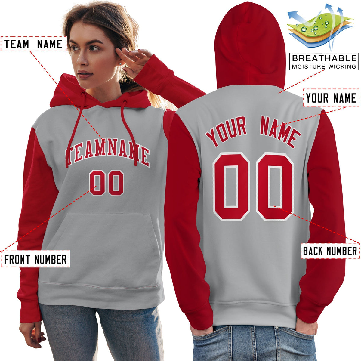 Custom Gray Red-White Raglan Sleeves Pullover Personalized Team Sweatshirt Hoodie