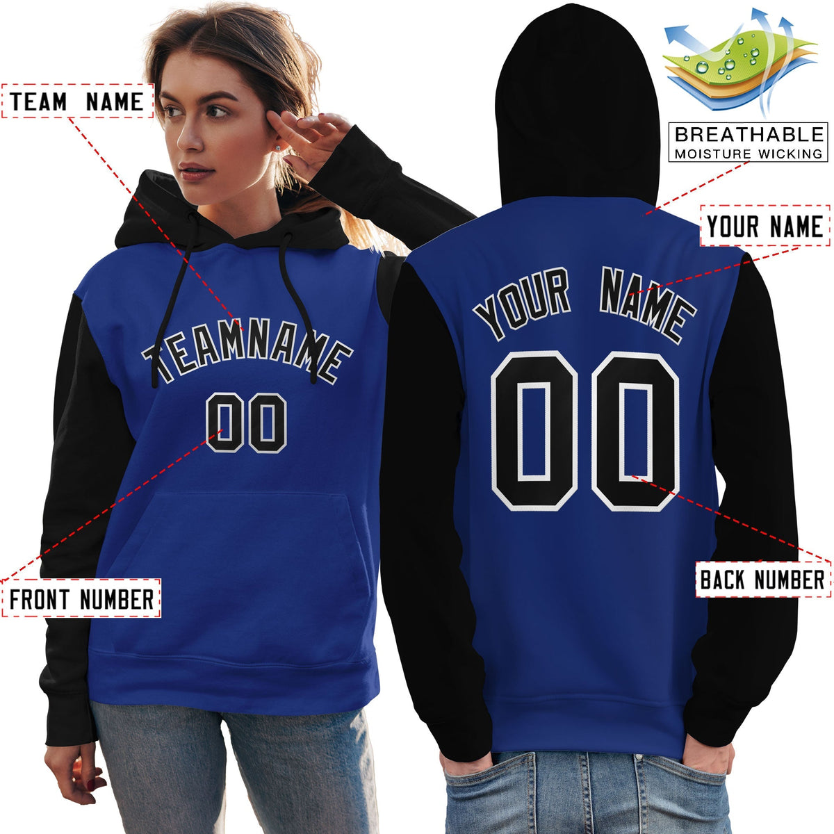 Custom Royal Black-White Raglan Sleeves Pullover Personalized Team Sweatshirt Hoodie