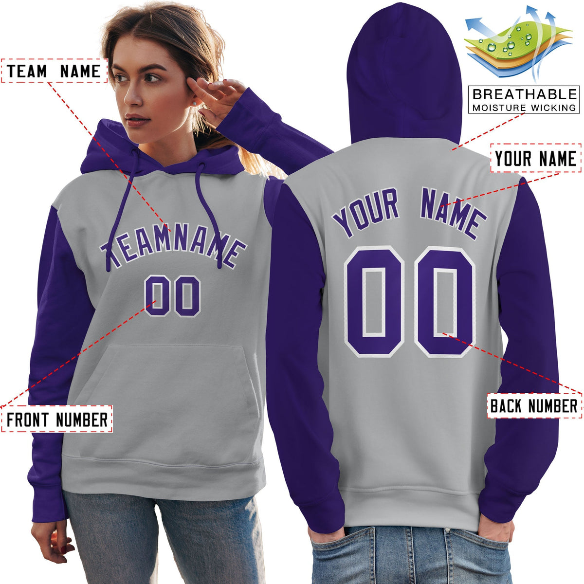 Custom Gray Purple-White Raglan Sleeves Pullover Personalized Team Sweatshirt Hoodie