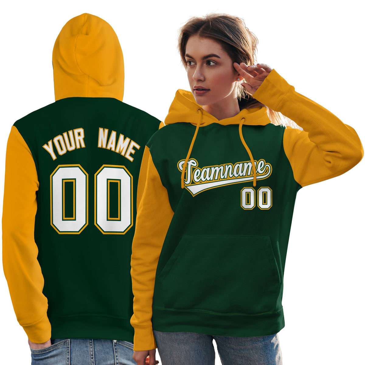 Custom Green White-Gold Raglan Sleeves Pullover Personalized Team Sweatshirt Hoodie
