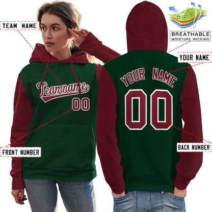 Custom Green Crimson-White Raglan Sleeves Pullover Personalized Team Sweatshirt Hoodie