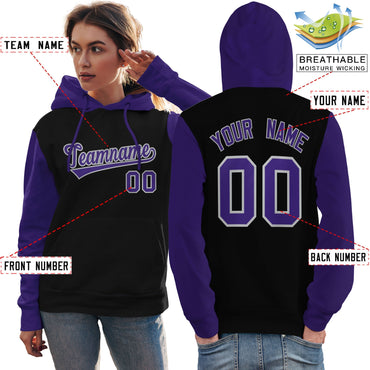 Custom Black Purple-Gray Raglan Sleeves Pullover Personalized Team Sweatshirt Hoodie