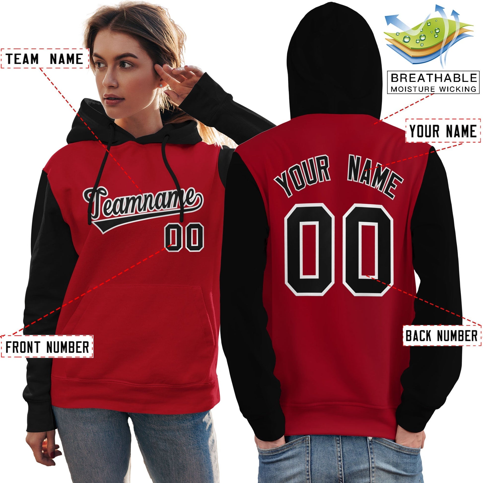 Custom Red Black-White Raglan Sleeves Pullover Personalized Team Sweatshirt Hoodie