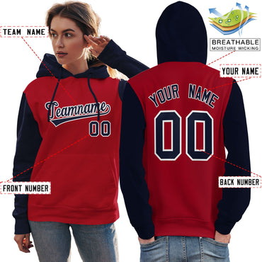 Custom Red Navy-White Raglan Sleeves Pullover Personalized Team Sweatshirt Hoodie