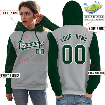 Custom Gray Green-White Raglan Sleeves Pullover Personalized Team Sweatshirt Hoodie
