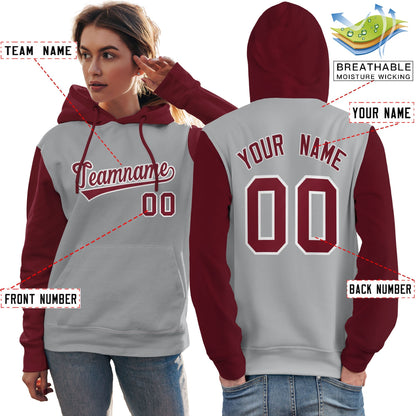 Custom Gray Crimson-White Raglan Sleeves Pullover Personalized Team Sweatshirt Hoodie