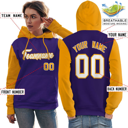 Custom Purple White-Gold Raglan Sleeves Pullover Personalized Team Sweatshirt Hoodie