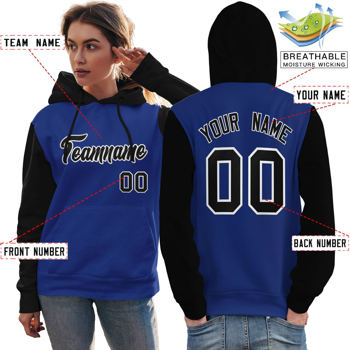 Custom Royal Black-White Raglan Sleeves Pullover Personalized Team Sweatshirt Hoodie