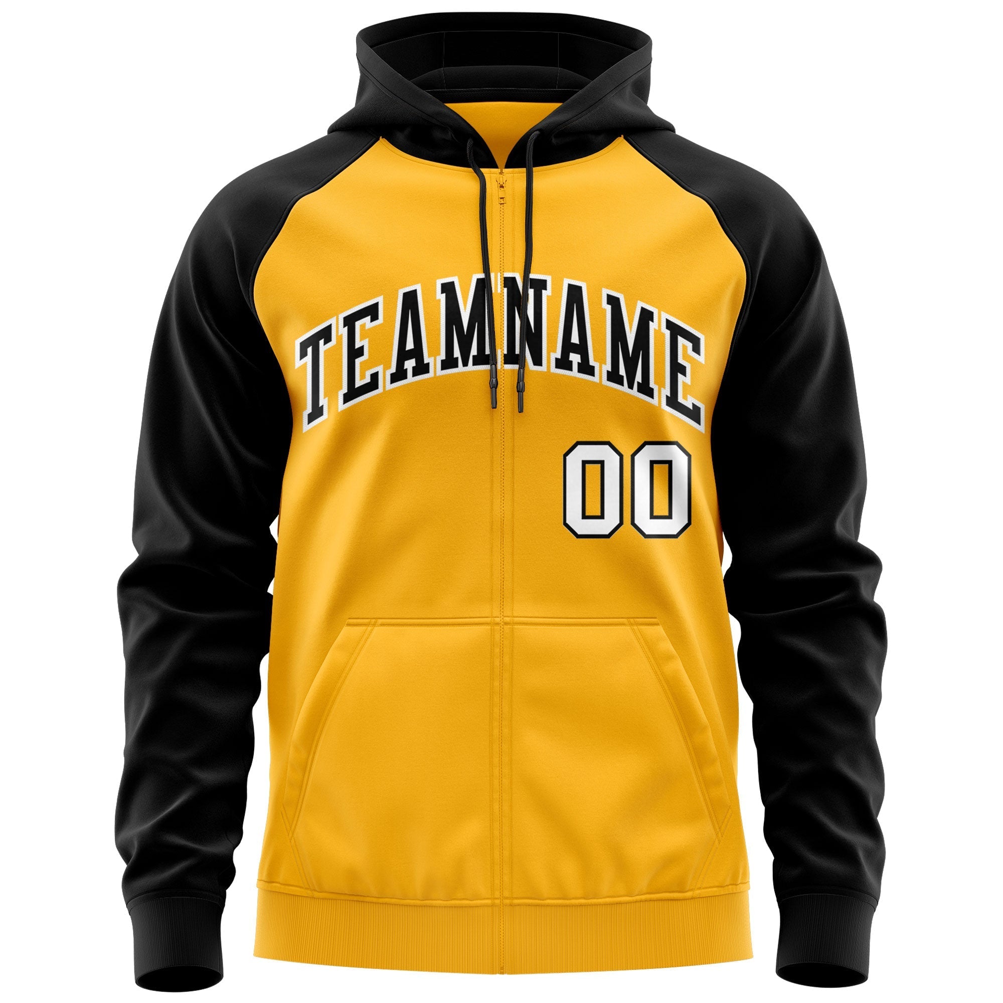 Custom Stitched Gold Black-White Raglan Sleeves Sports Full-Zip Sweatshirt Hoodie