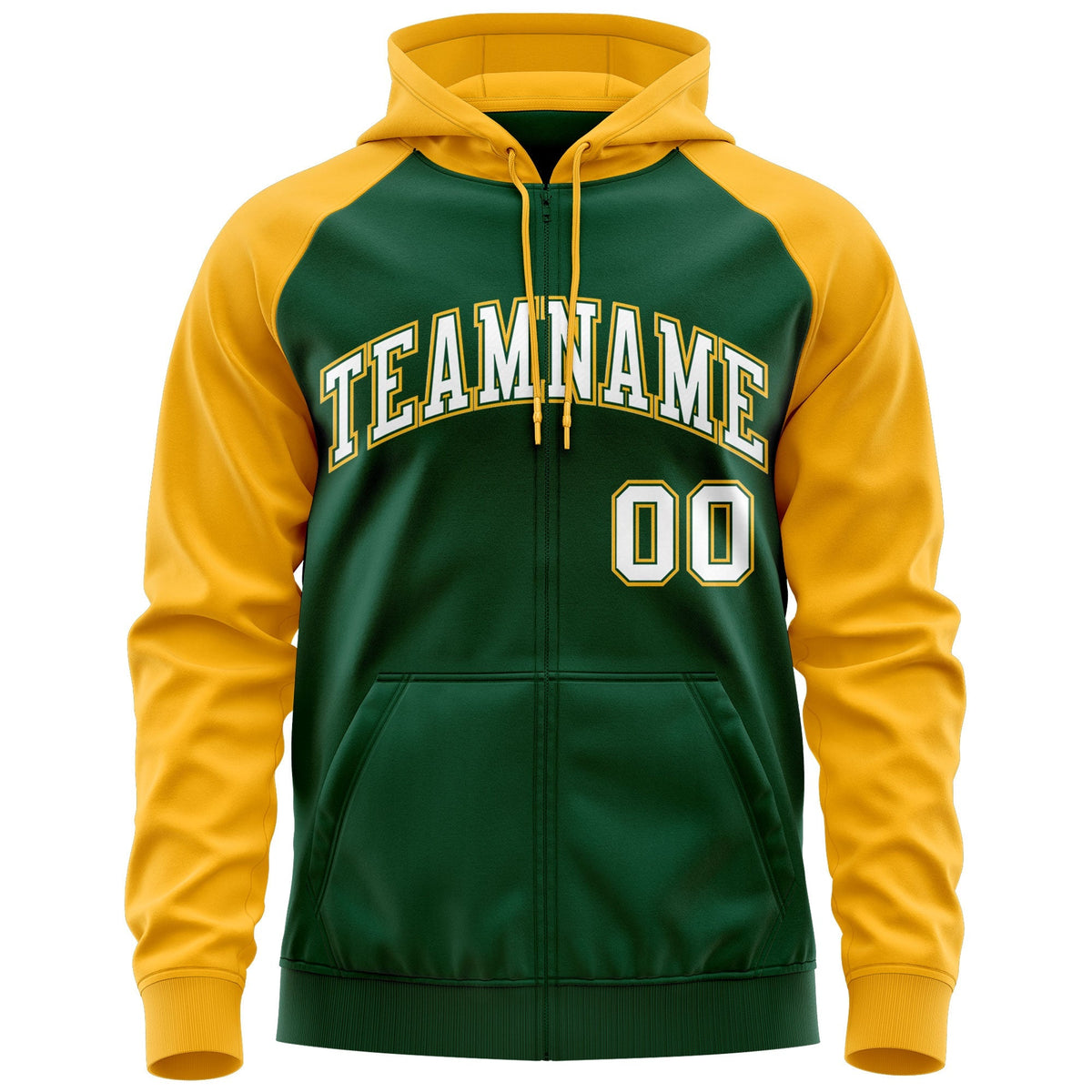 Custom Stitched Green White-Gold Raglan Sleeves Sports Full-Zip Sweatshirt Hoodie