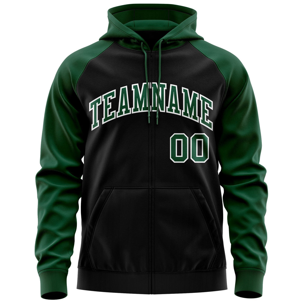 Custom Stitched Black Green-White Raglan Sleeves Sports Full-Zip Sweatshirt Hoodie
