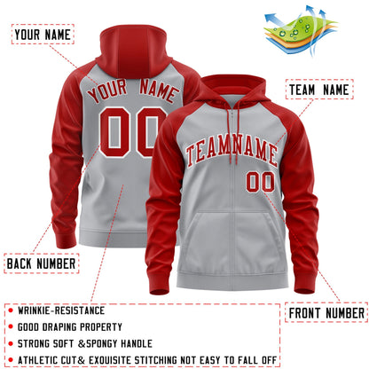 Custom Stitched Gray Red-White Raglan Sleeves Sports Full-Zip Sweatshirt Hoodie