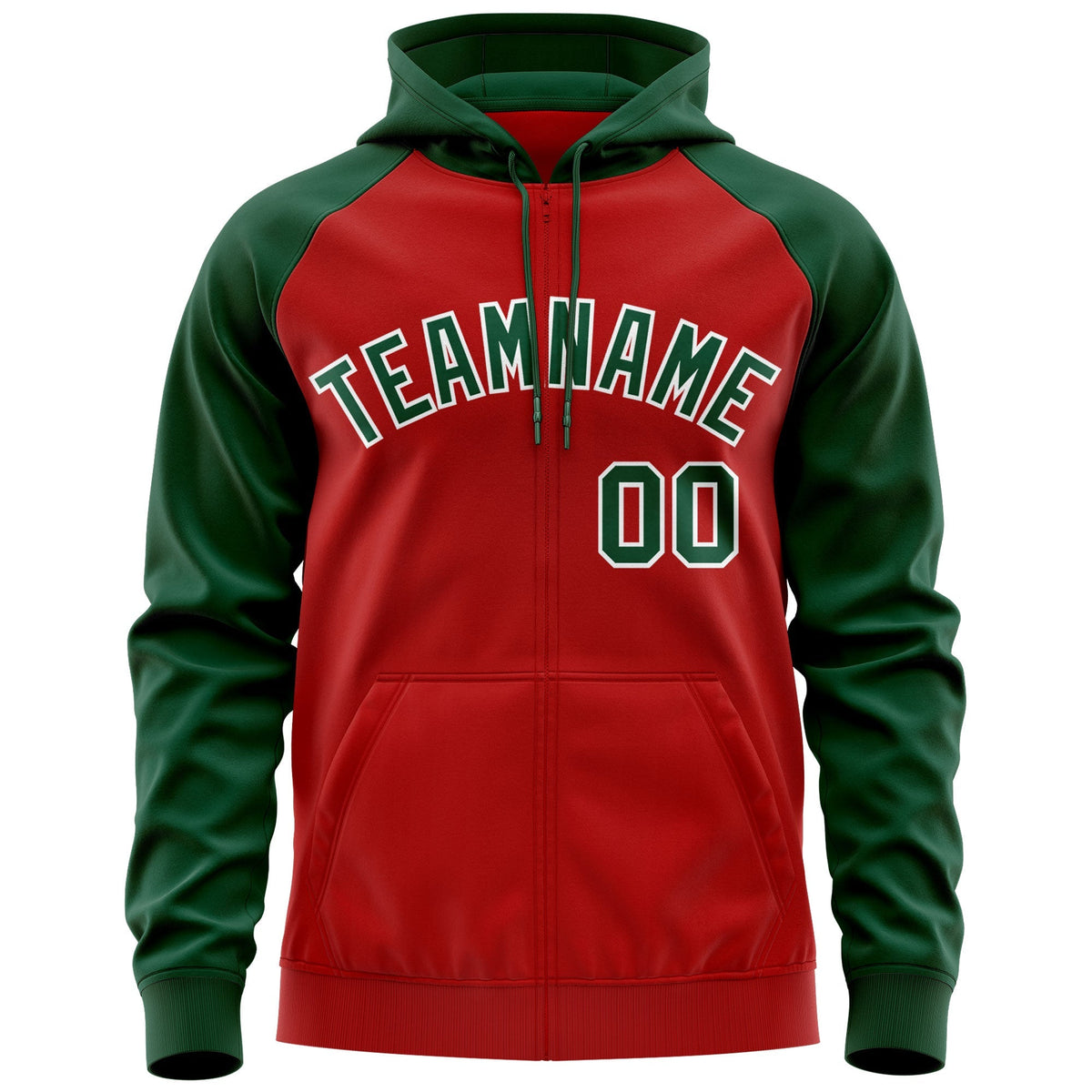 Custom Stitched Red Green-White Raglan Sleeves Sports Full-Zip Sweatshirt Hoodie