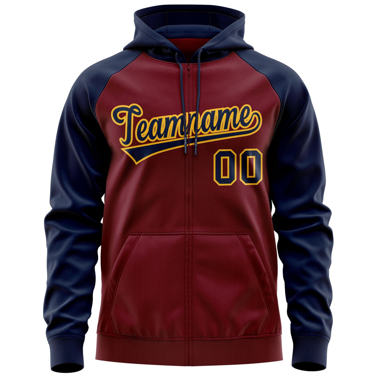 Custom Stitched Crimson Navy-Gold Raglan Sleeves Sports Full-Zip Sweatshirt Hoodie