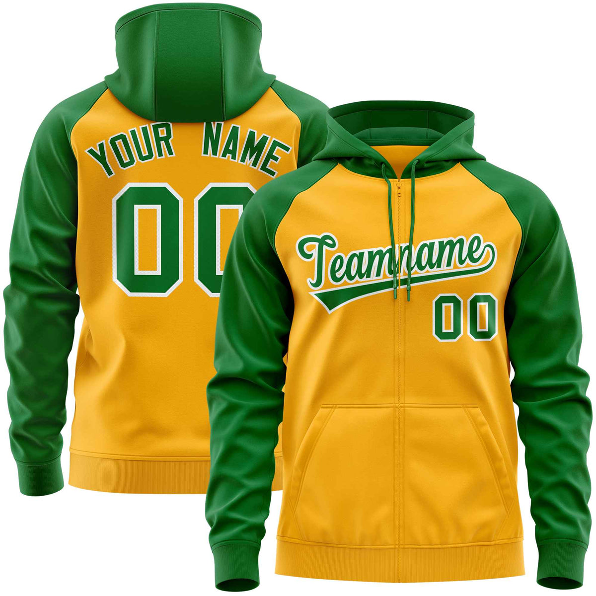 Custom Stitched Gold Kelly Green Raglan Sleeves Sports Full-Zip Sweatshirt Hoodie