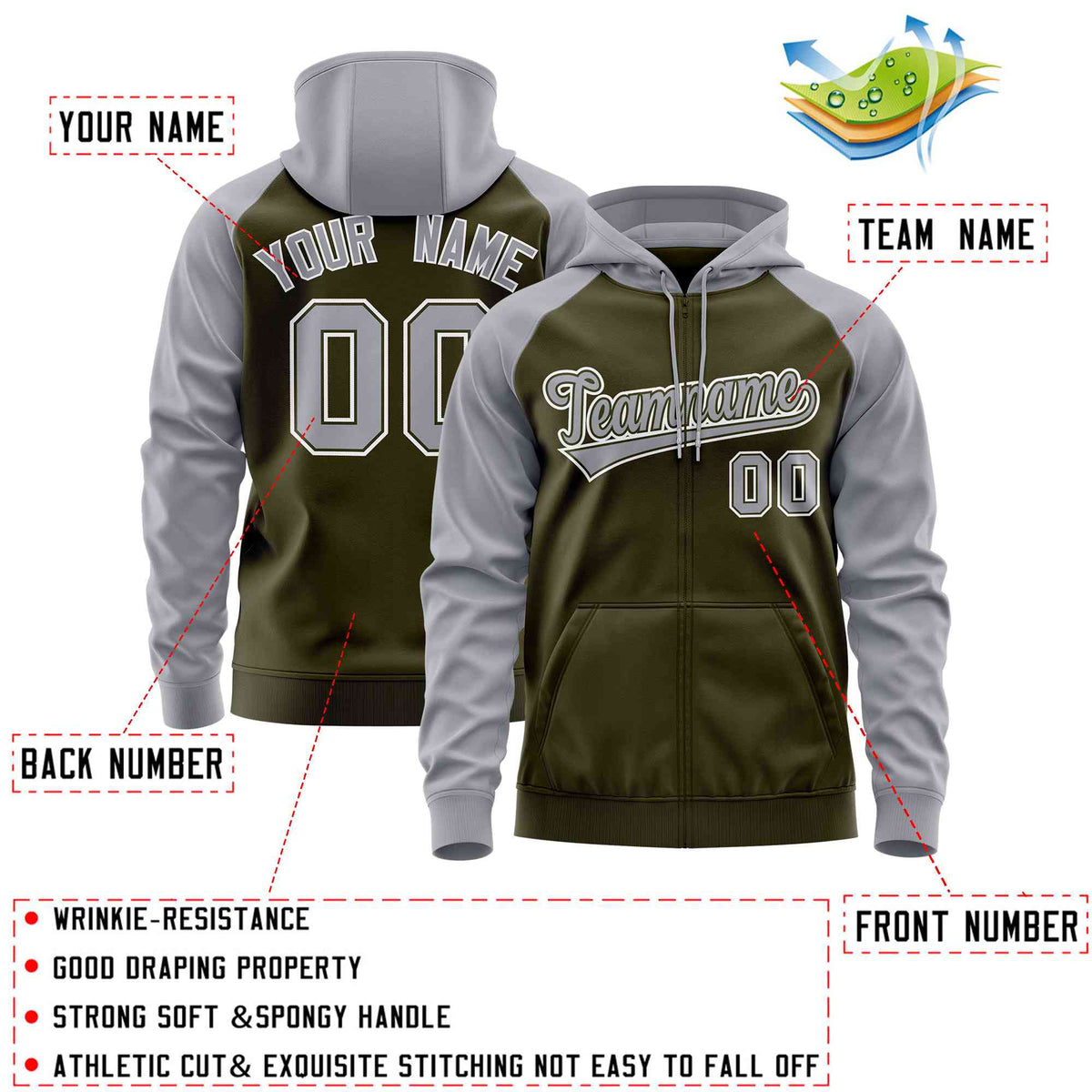 Custom Stitched Olive Light Gray Raglan Sleeves Sports Full-Zip Sweatshirt Hoodie