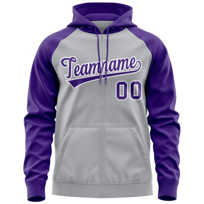 Custom Stitched Gray Purple-White Raglan Sleeves Sports Full-Zip Sweatshirt Hoodie