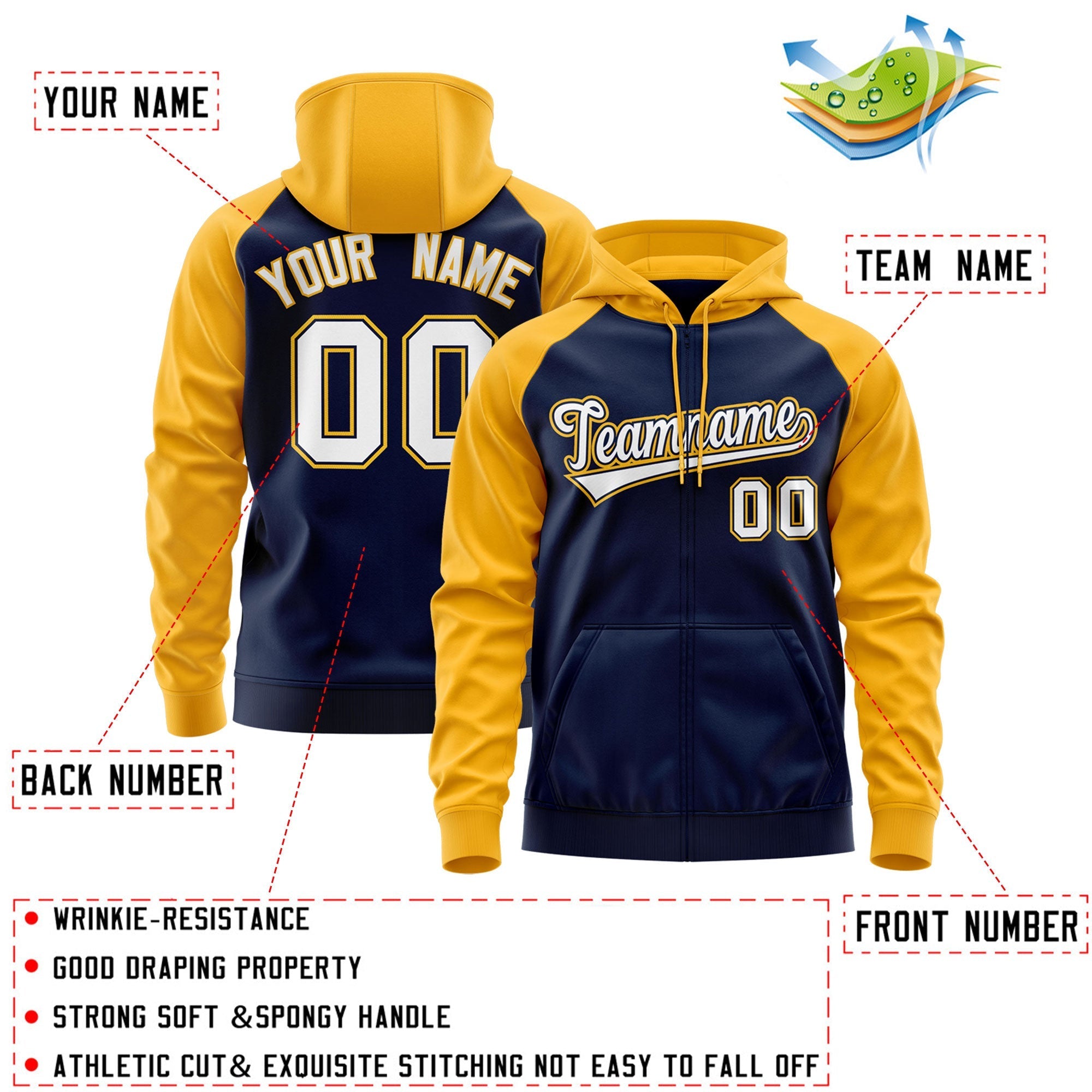 Custom Stitched Navy White-Gold Raglan Sleeves Sports Full-Zip Sweatshirt Hoodie