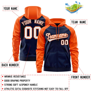 Custom Stitched Navy White-Orange Raglan Sleeves Sports Full-Zip Sweatshirt Hoodie