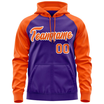 Custom Stitched Purple Orange Raglan Sleeves Sports Full-Zip Sweatshirt Hoodie