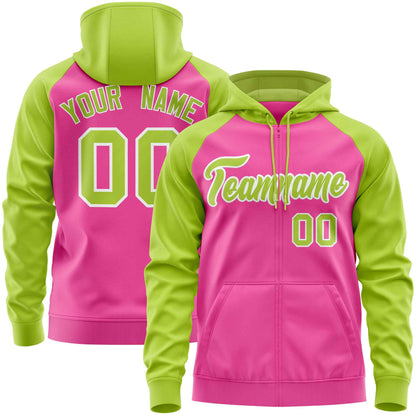 Custom Stitched Pink Neon Green Raglan Sleeves Sports Full-Zip Sweatshirt Hoodie