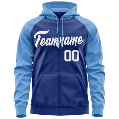 Custom Stitched Royal White-Light Blue Raglan Sleeves Sports Full-Zip Sweatshirt Hoodie