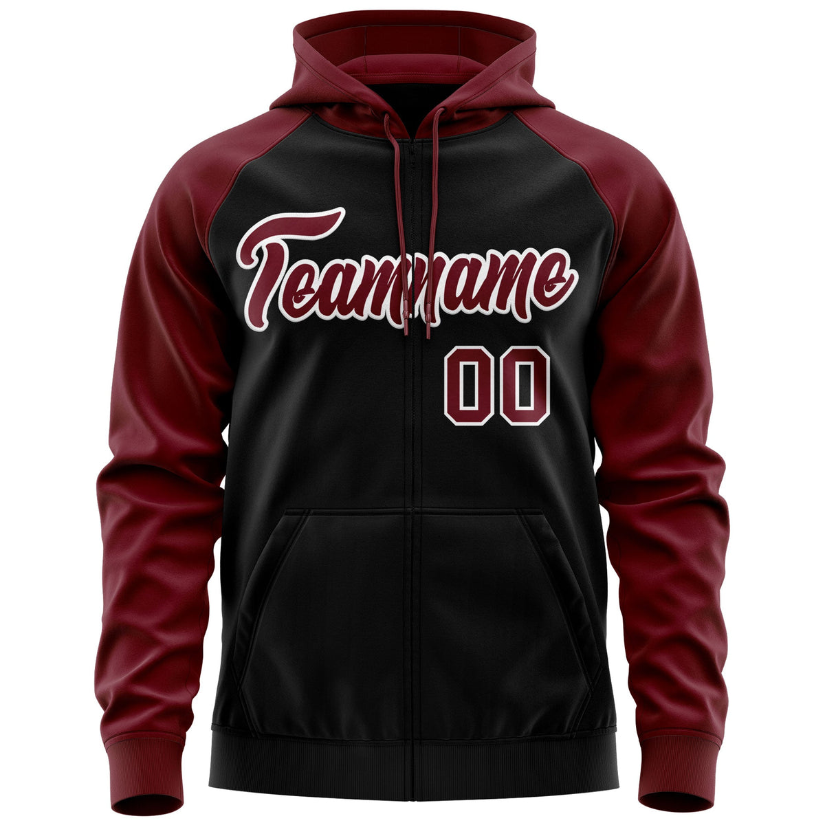 Custom Stitched Black Crimson-White Raglan Sleeves Sports Full-Zip Sweatshirt Hoodie