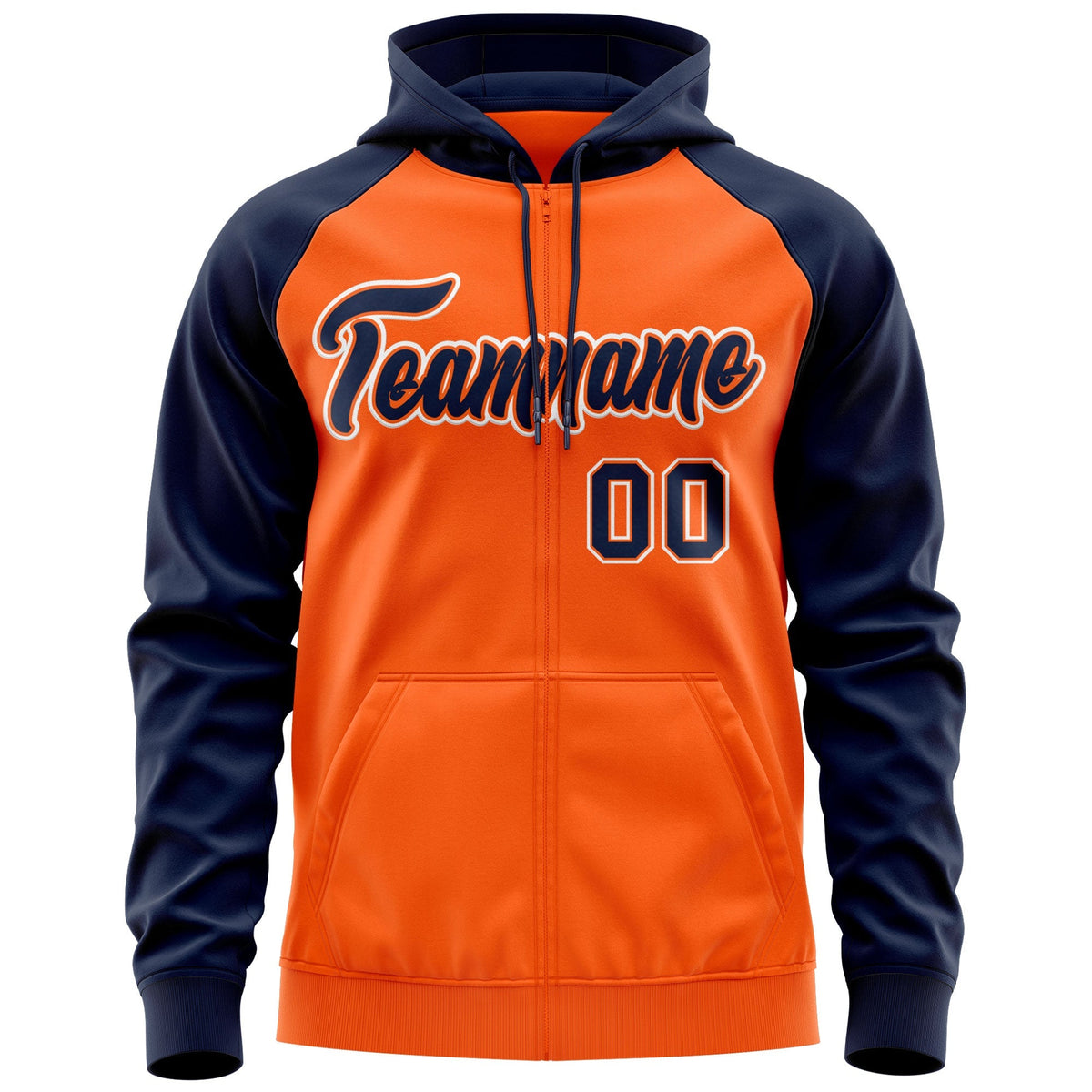 Custom Stitched Orange Navy-White Raglan Sleeves Sports Full-Zip Sweatshirt Hoodie