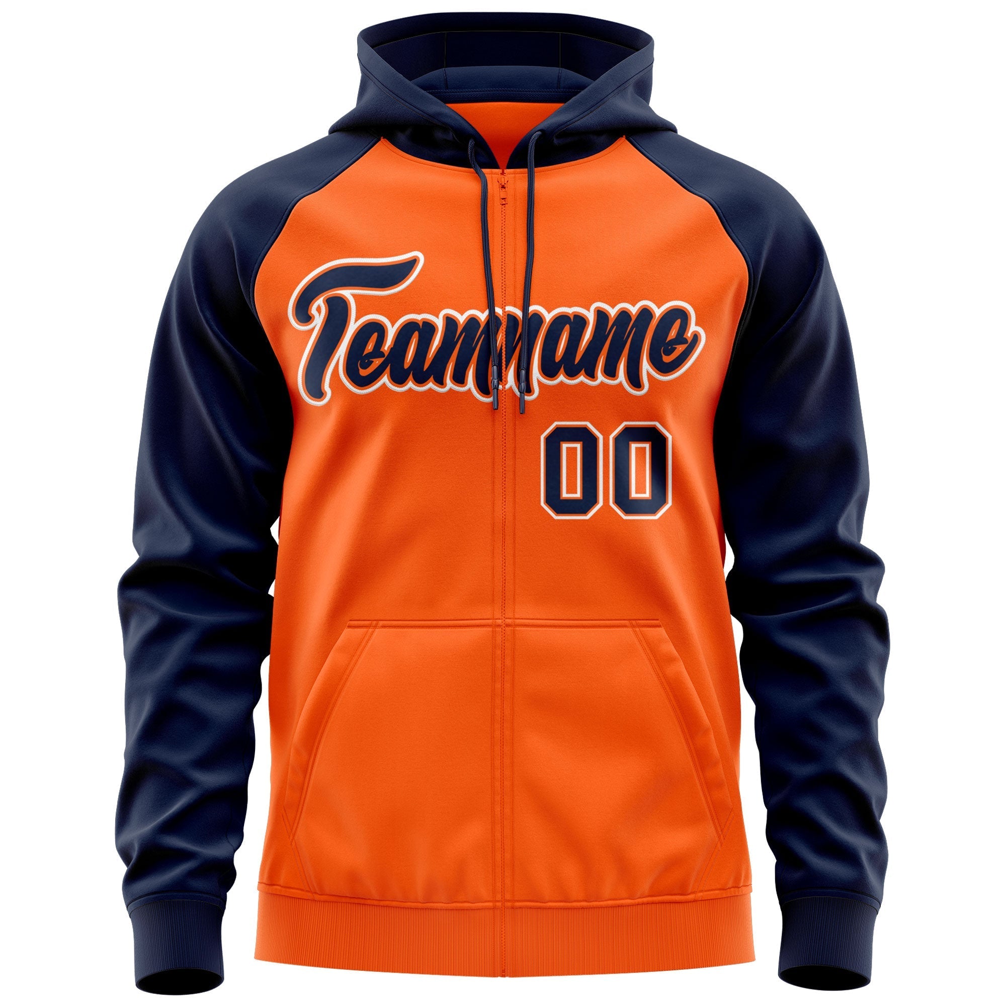Custom Stitched Orange Navy-White Raglan Sleeves Sports Full-Zip Sweatshirt Hoodie