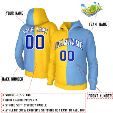 Custom Gold Light Blue White-Royal Split Fashion Stitched Sportwear Pullover Hoodie